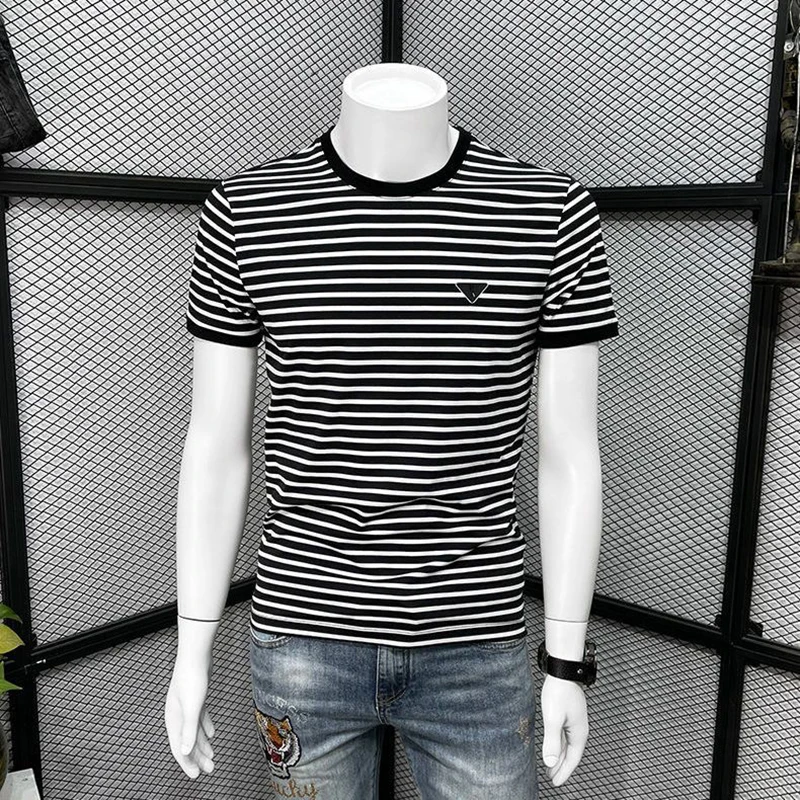 

Fashion O-Neck Spliced Casual Striped T-Shirts Men's Clothing 2025 Summer New Loose Short Sleeve All-match Tops Korean Tee Shirt