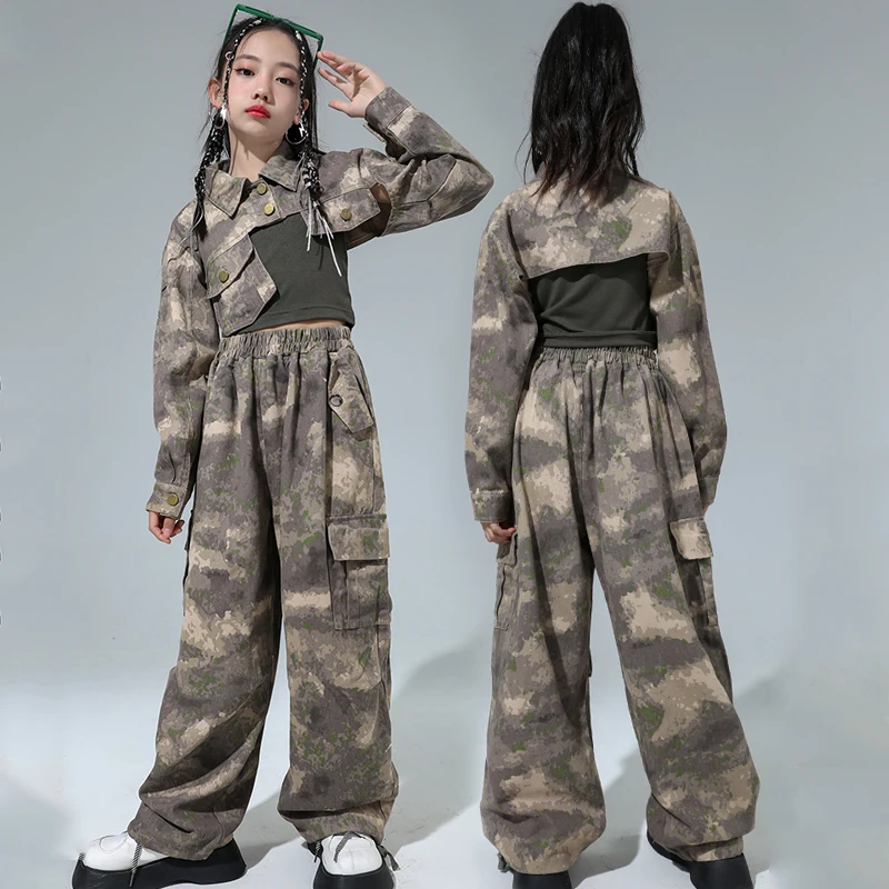 Ropa de actuación de baile callejero para niños, Tops cortos de camuflaje, pantalones sueltos, trajes Kpop para niñas, trajes de baile de Jazz, DQS14369