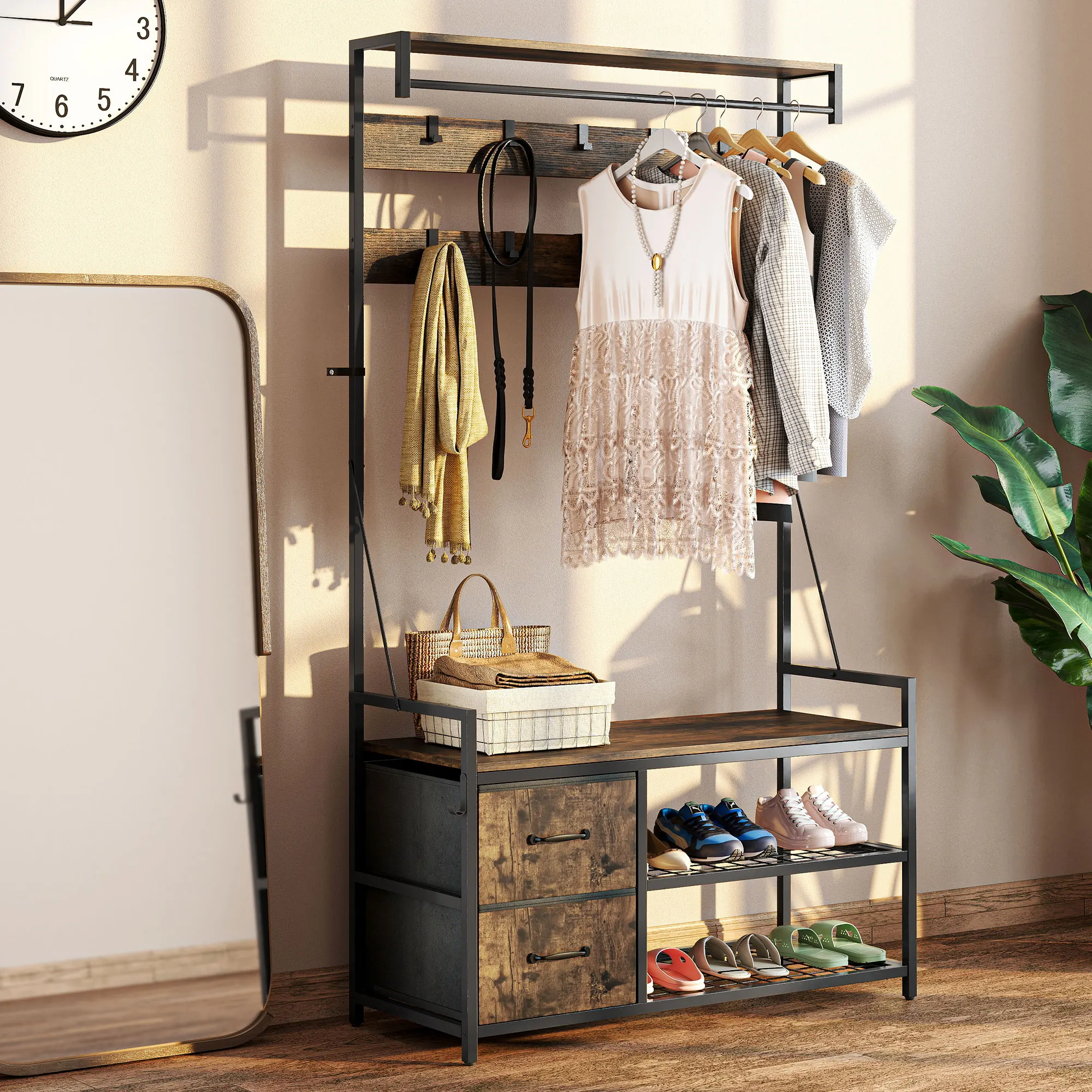 HOMCOM Garderobenständer, Kleiderständer mit 10 verstellbaren Haken, Kleiderstange, Schuhregal, Schublade, Metallrahmen, Industrie-Design für Flur, Wohnzimmer, Rustikal Braun, Höhe 180 cm