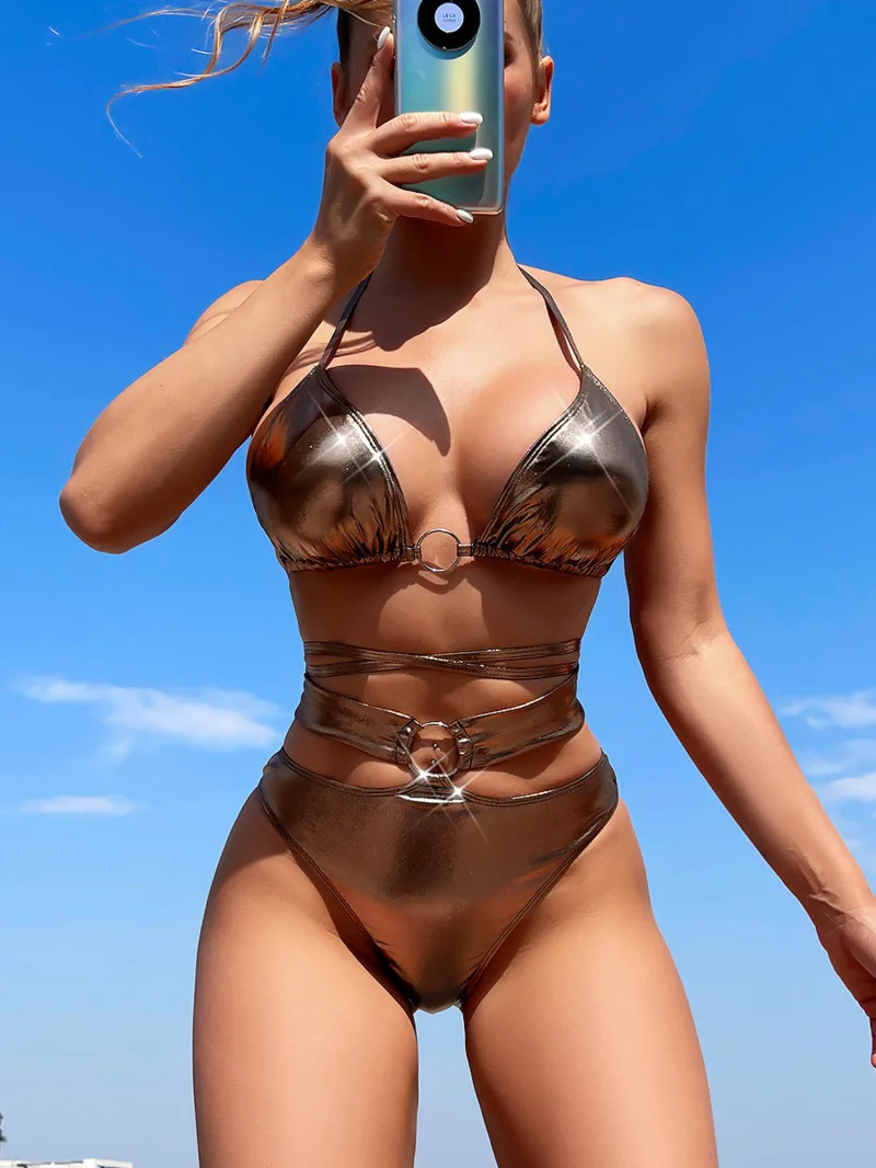 

Women's Swimsuit Sexy Metal Ring Bikini For Beach Vacation Holiday Pool Party Backless Deep V Suspenders Bikini Charming 35CF