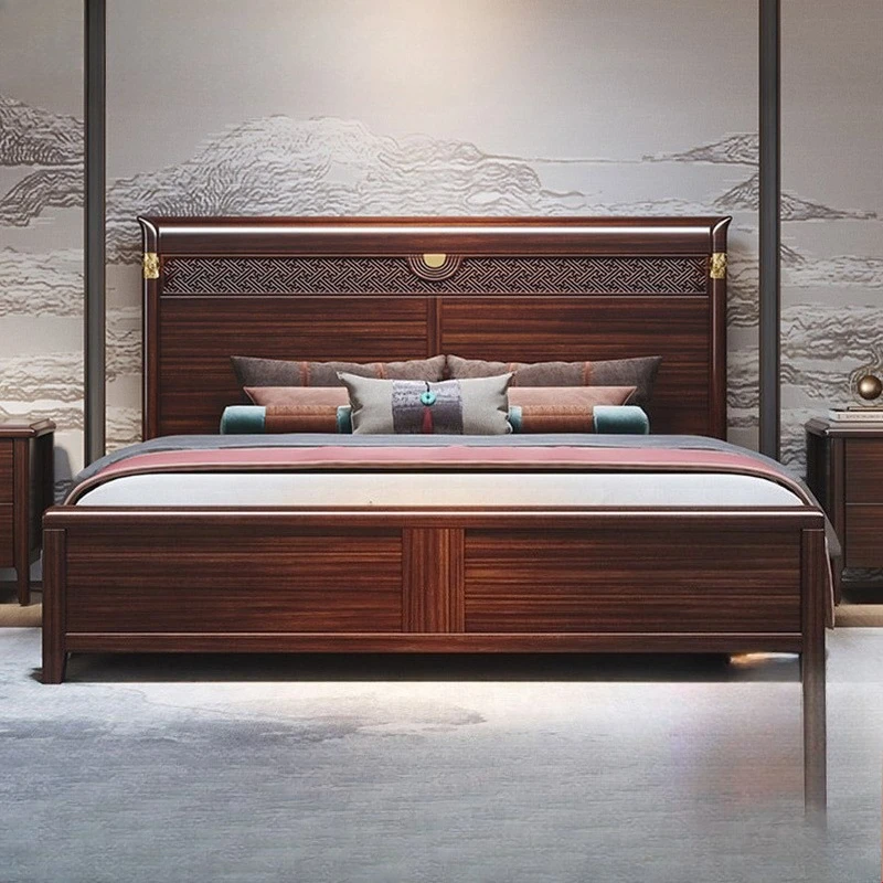 Kayu eboni, gaya Cina baru, kayu solid, kamar tidur utama, kayu solid, double