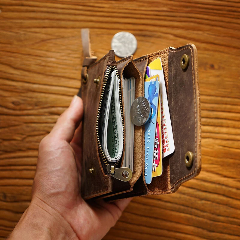 100% Genuine Leather Wallet Vintage Handmade Short Wallet Unisex Card Holder with Zipper Coin Pocket Small Purse Bag for Men