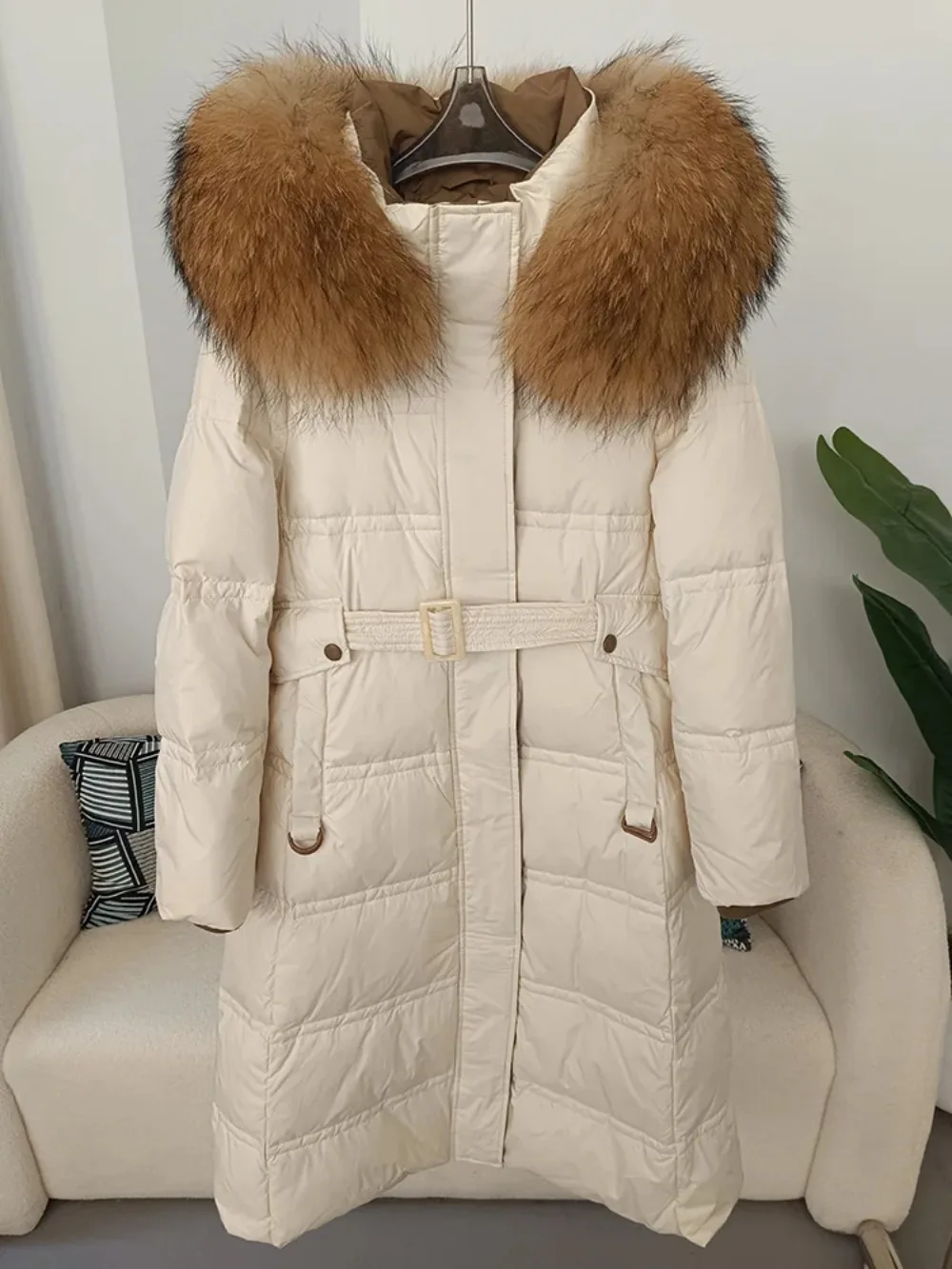 White Duck Down Coat Long 2024 Natural Fox Fur Collar Jacket Women  Winter Real Raccoon Thick Warm Belt Outerwear Streetwear