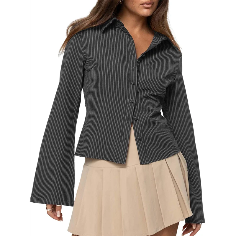 جديد-قمصان نسائية بأزرار سفلية مخططة بأكمام طويلة وياقة بلوزات عمل غير رسمية ملابس علوية عصرية