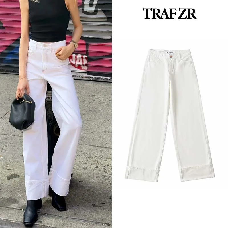 TRAF ZR Street Jean Baggy Pants for Women Autumn Newjeans Ladies Fashion Distressed Denim Pants Full Length Woman Trousers