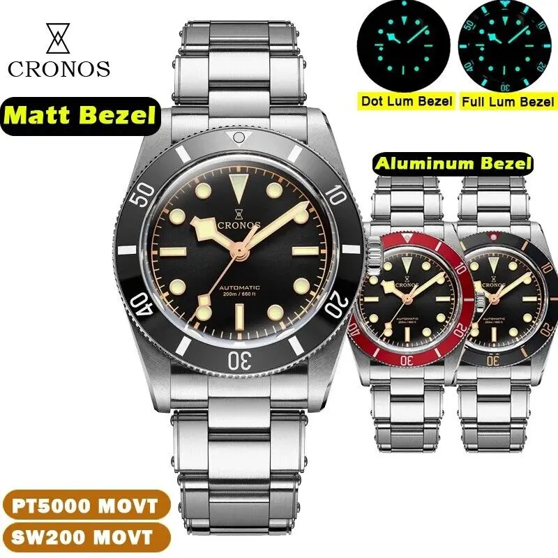 CRONOS L6024 BB54 PT5000 SW200 Automatic Mens Wrist Watch 200M Diver BGW9 C3 37mm 316L Luxury Formal