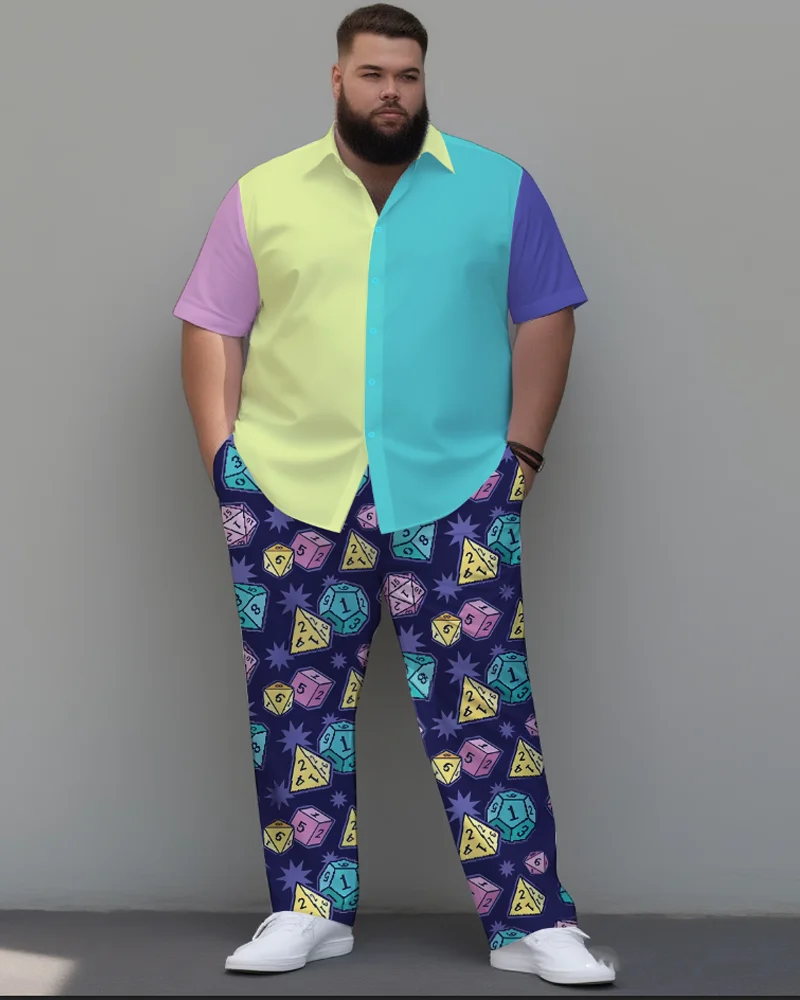 S-9XL الرجال حجم كبير متعة هندسية Colorblock قصيرة الأكمام قميص وسراويل 2 قطعة مجموعة لعوب فضفاض صالح الصيف