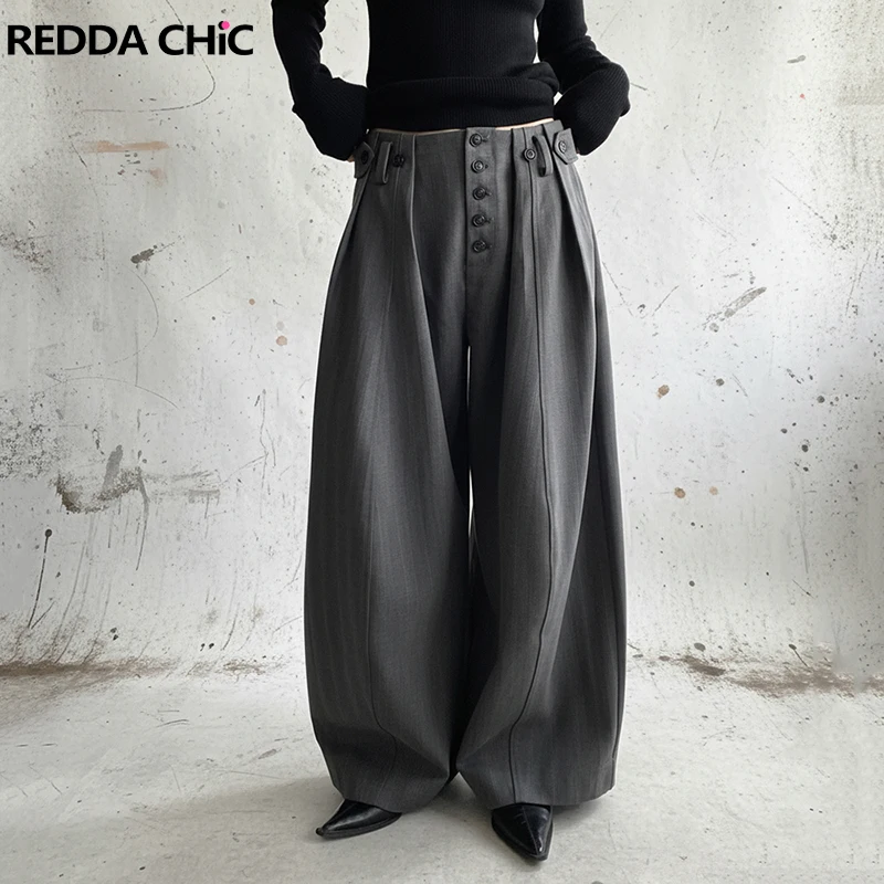 REDDACHiC Unisex Buttoned Suit Trousers with Pockets Pleated Cleanfit Loose Wide Leg Casual Pants Work Dressy Woman Men Bottoms