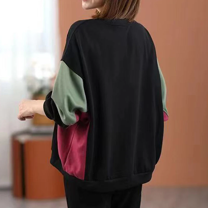 Women Vintage Contrast Color Patchwork Oversize Streetwear Sweatshirt Y2K Casual Round Neck Long Sleeve Pullover Tops Sudaderas