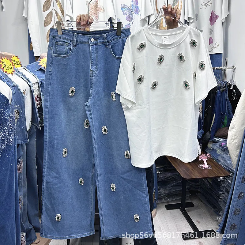 

Luxury Fashion Lady Two-piece Sets Gemstone Diamonds Loose Short Sleeve T-shirt Top + All-match High Waist Casual Denim Pants