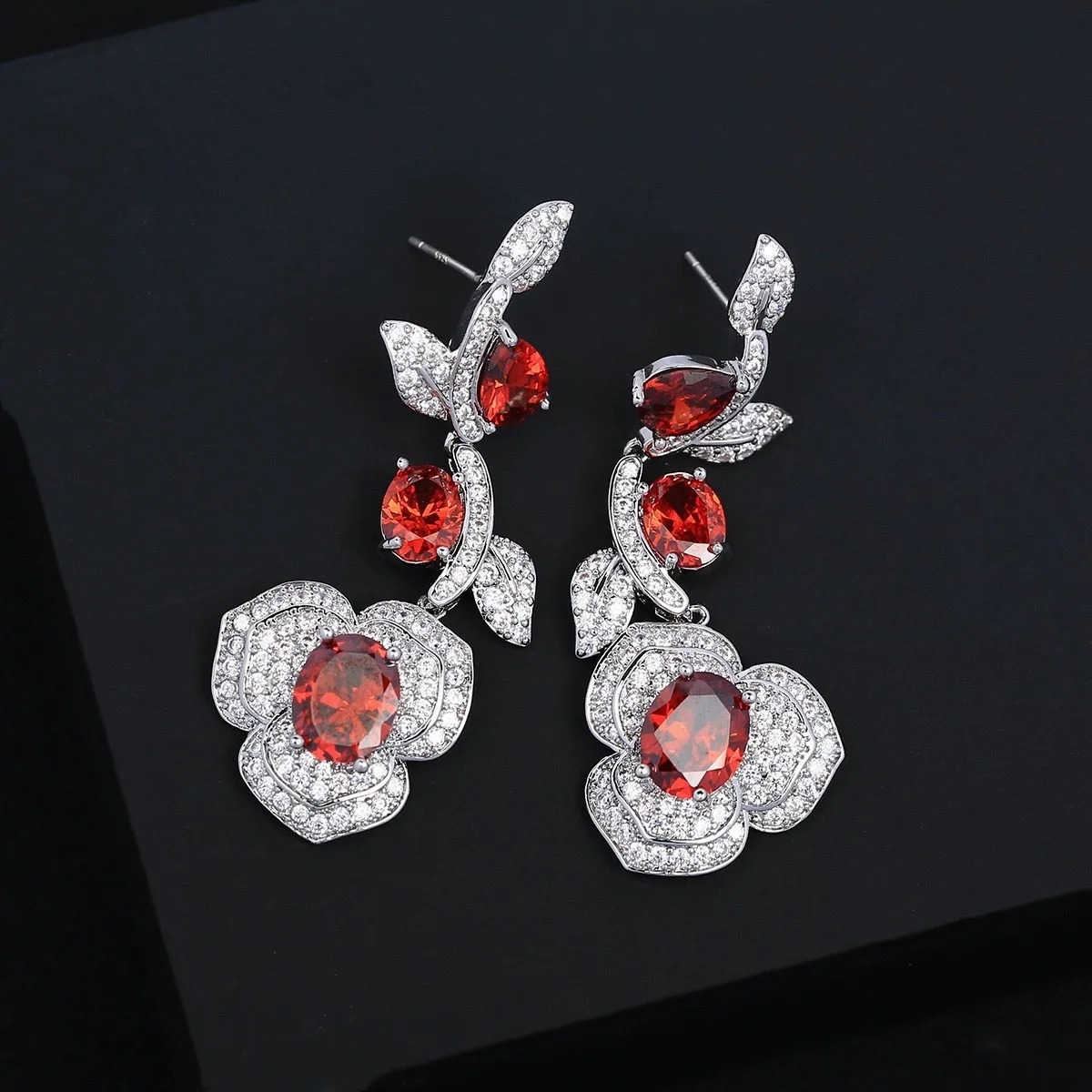 Charm Flower Lab Ruby Diamond Dangle Earring 925 Sterling Silver Jewelry Engagement Wedding Drop Earrings for Women Gift