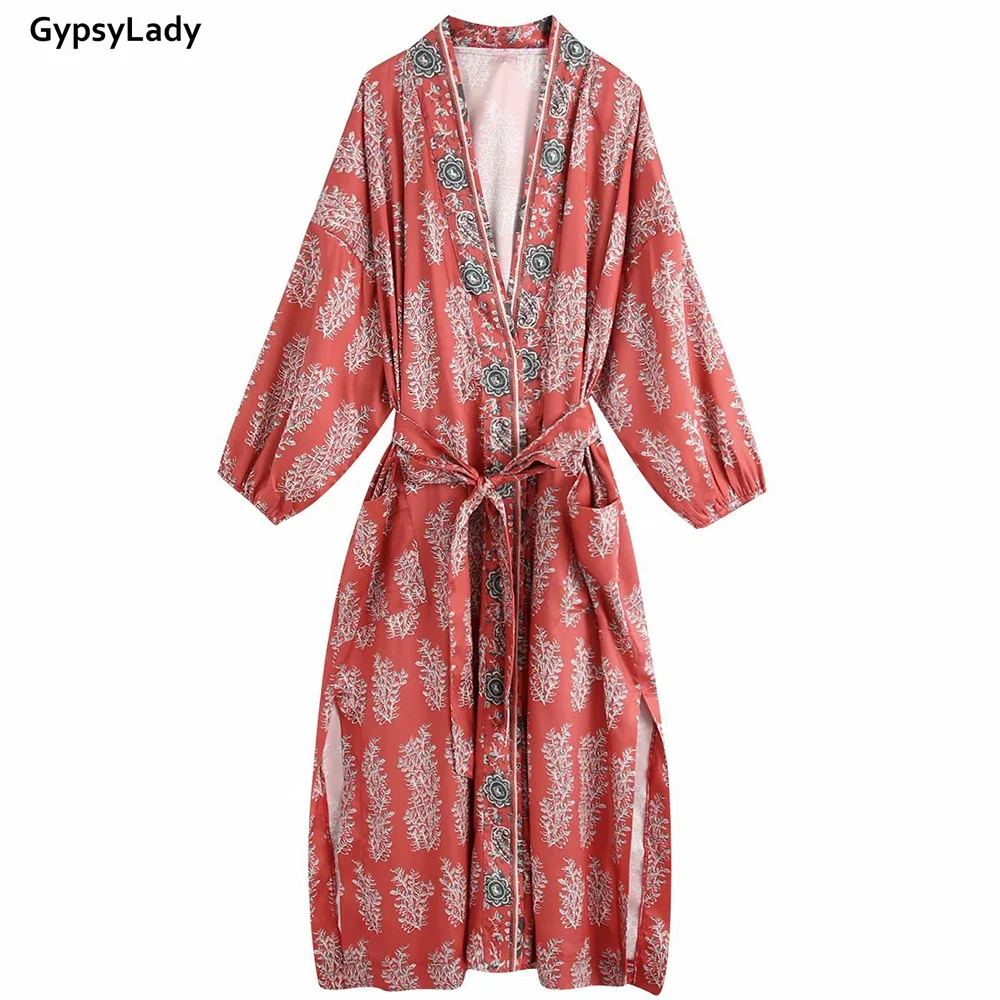 GypsyLady Red Floral Vintage Long Cardigan Kimono Autumn Long Sleeve Boho Blouses Belted Girls Holiday Pocket Bikini Cover Top