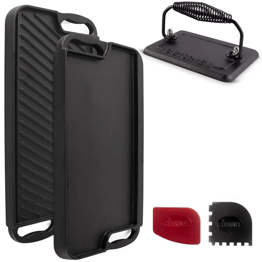 

Чугунная сковорода-гриль для бургеров с двумя ручками, двусторонняя, предварительно обработанная, 20 x 10, для приготовления и очистки, с резаком для костей.