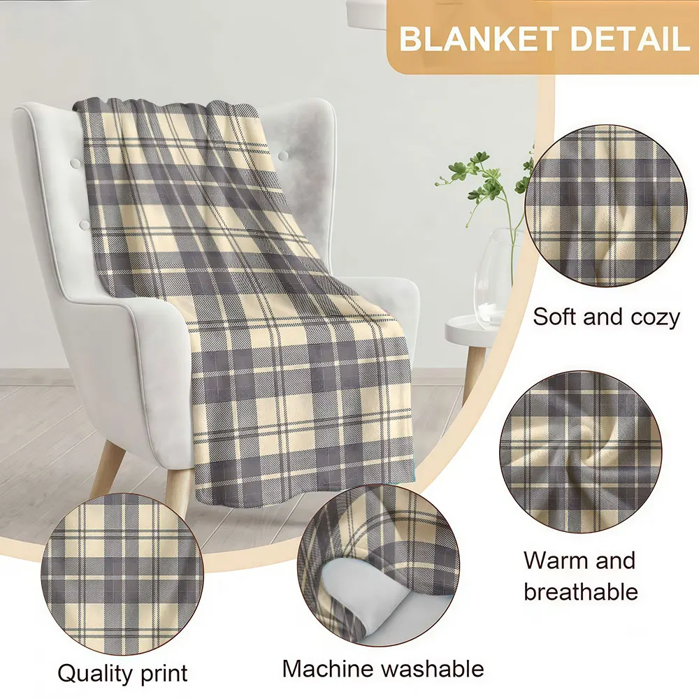 Beige Vintage Plaid Soft Warm Flannel Blanket Lightweight Cozy Christmas Halloween Home Decor Room