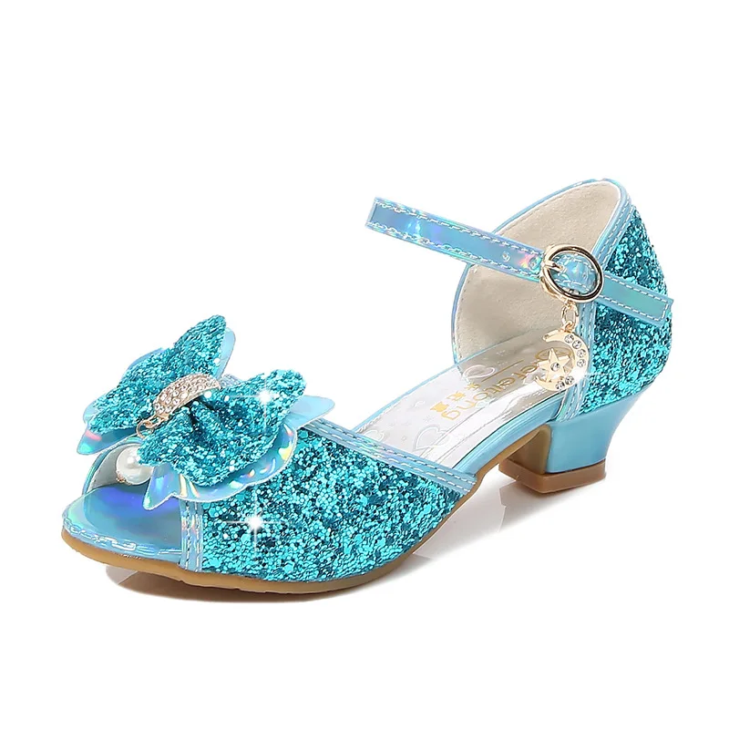 Kinderen Prinses Sandalen Kinderen Meisjes Trouwschoenen Hoge Hakken Jurk Schoenen Bowtie Paars Roze Blauw Zilver Schoenen Voor Meisjes - afbeelding 2