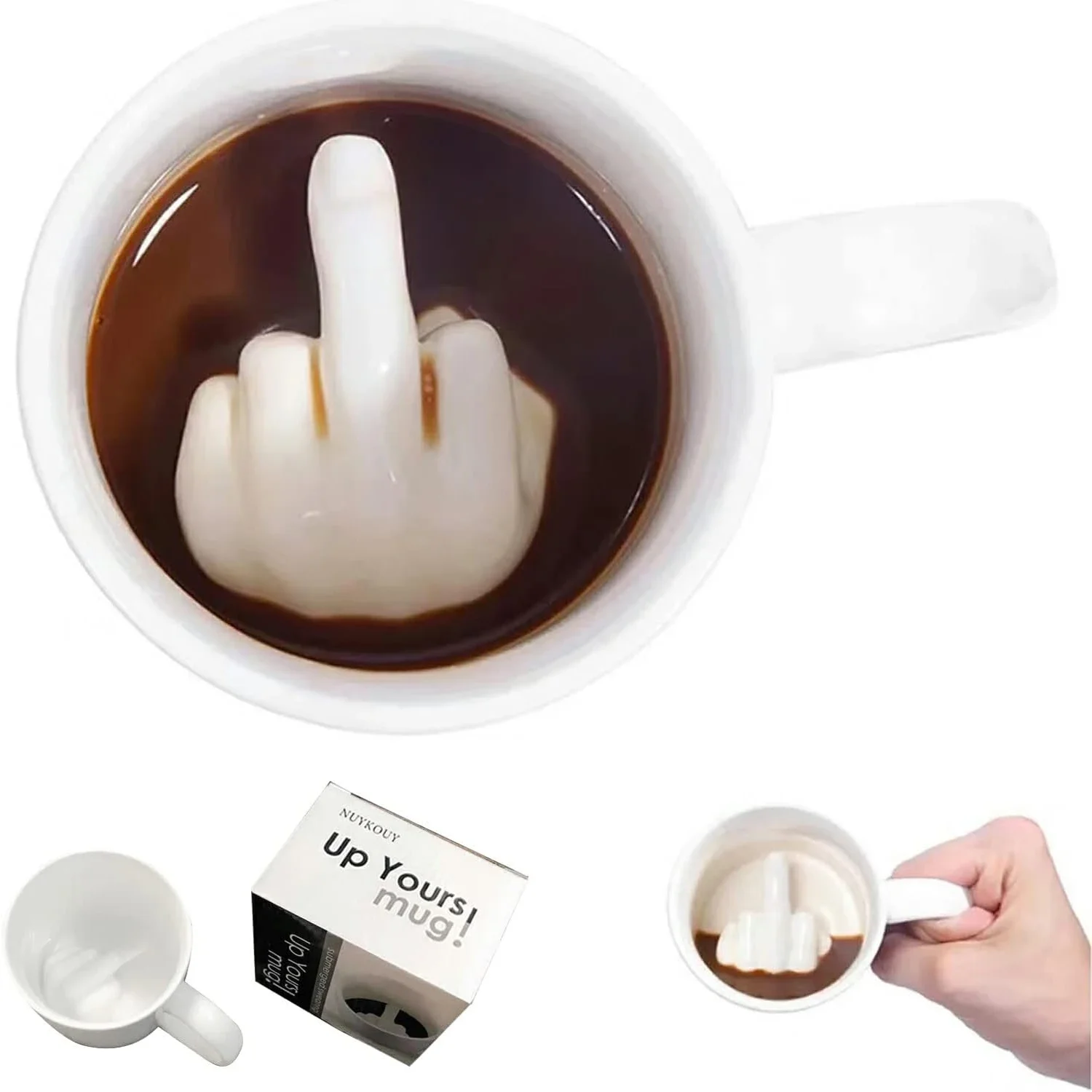 Funny Middle Finger Handle Ceramic Coffee Mug, Personalized White Cup for Milk Tea, Unique Novelty Party & April Fool's Day Gift