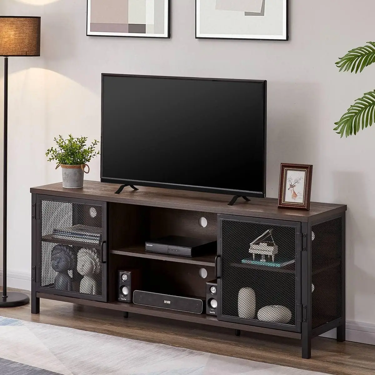 Industrial Entertainment Center for TVs up to 65 Inch, Rustic Wood TV Stand, Large TV Console and TV Cabinet for Living