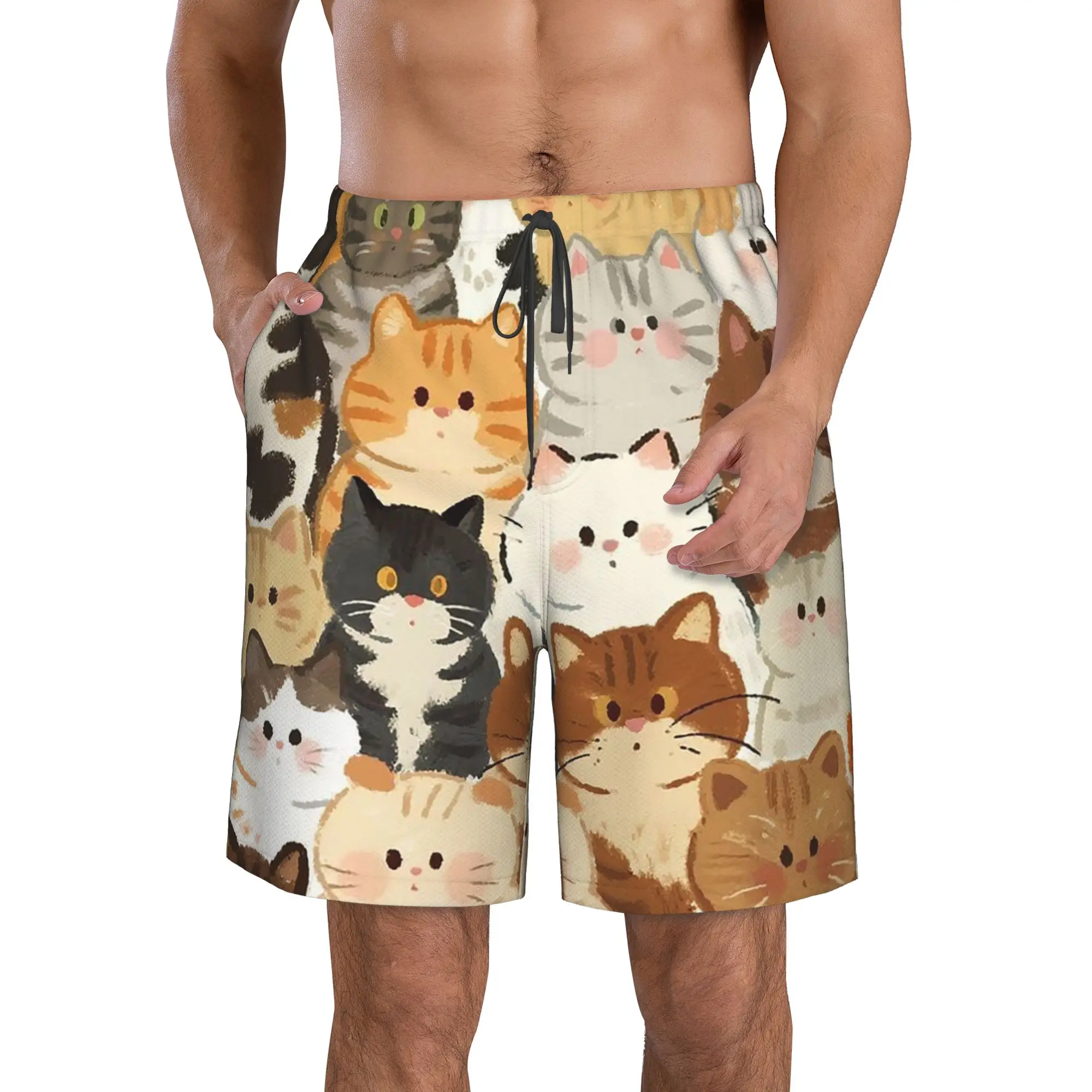 Colorful Cartoon Cats Pattern Trunks Beach Board Shorts Casual Quick Dry Swim Summer Men Pants
