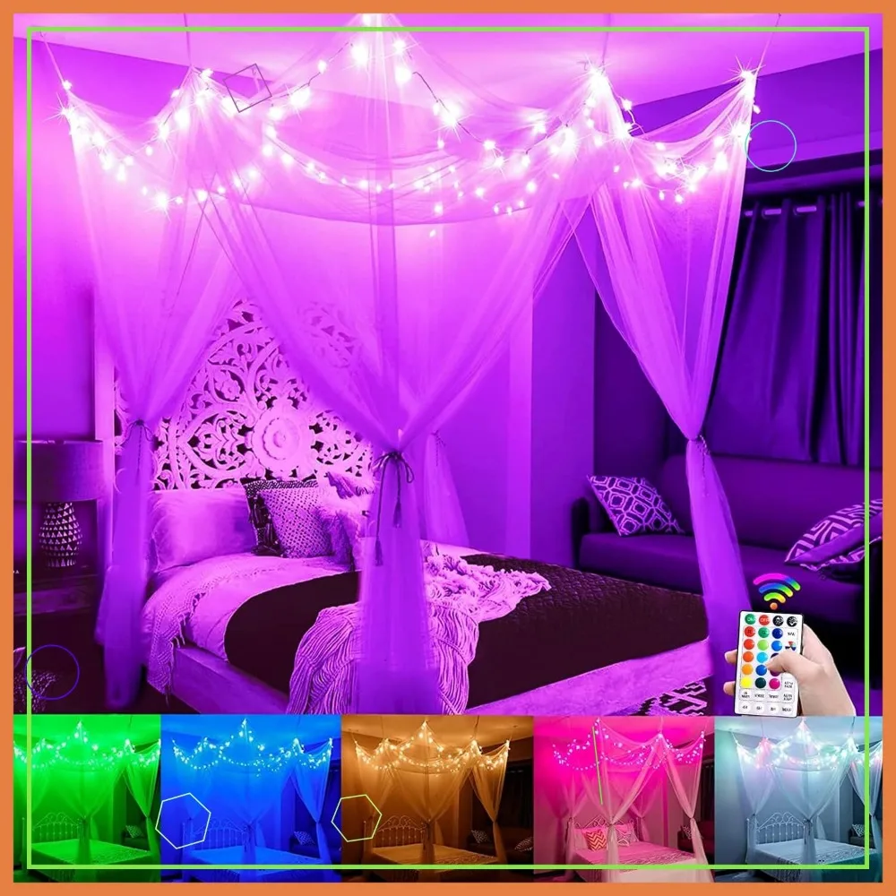 White Princess Bed Canopy with 100 LED Star Lights, Remote Control & Timer for Kids Room Decor