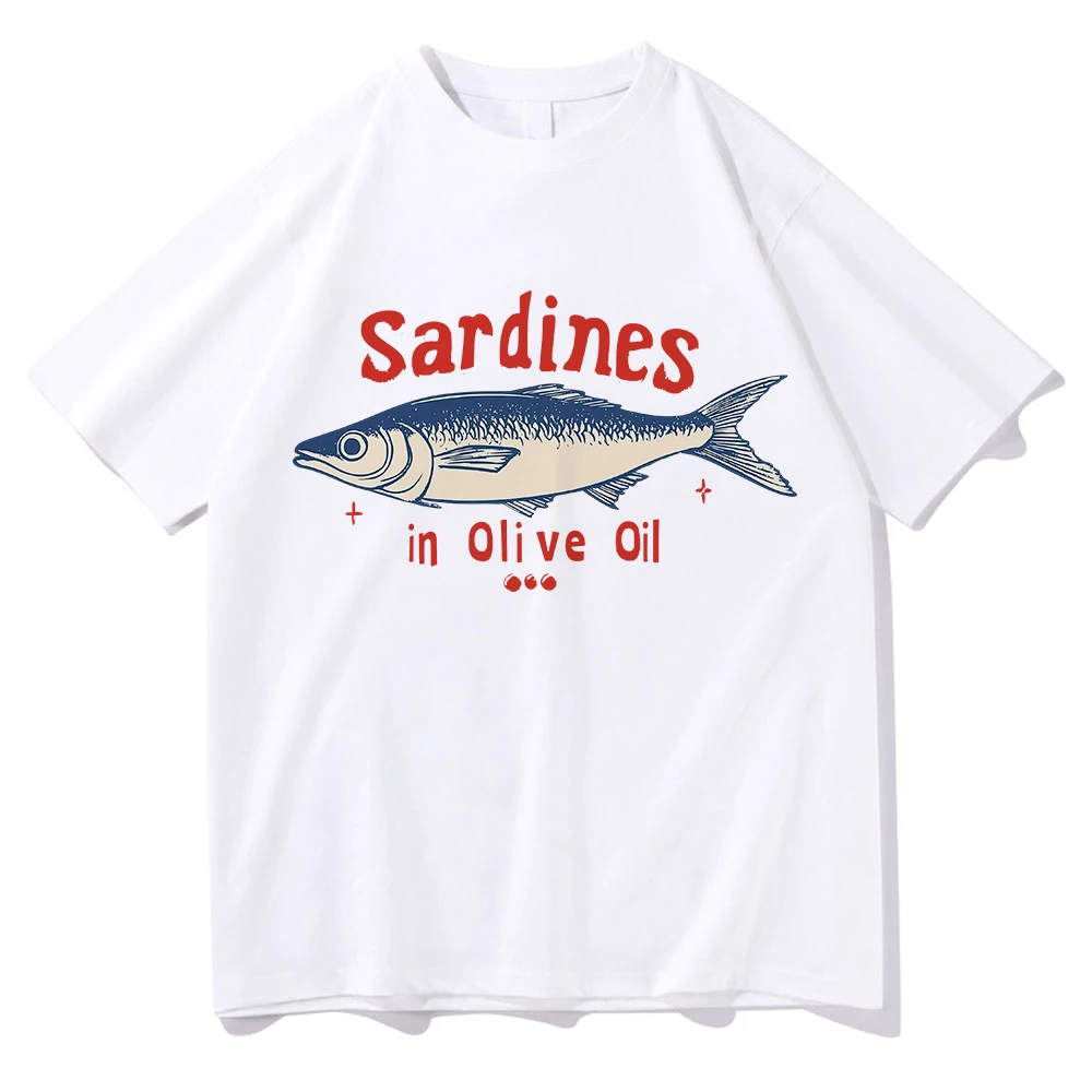 Sardines à l'huile d'olive rouge bleu imprimé t-shirt drôle imprimé femmes col rond été graphique t-shirts vêtements de sport