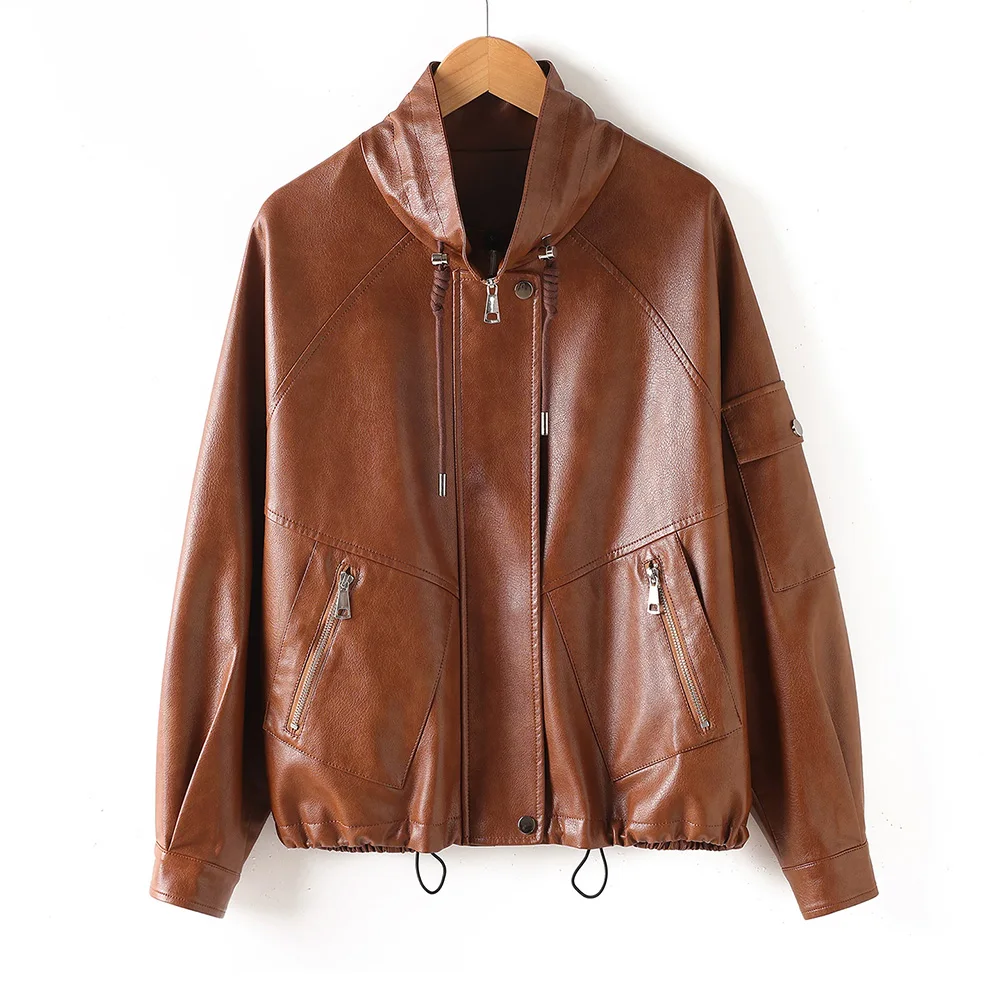 New Women Casual Loose Split Leather Jacket Spring Autumn Fashion Stand Collar Raglan Sleeve Drawstring Hem Daily Leather Jacket