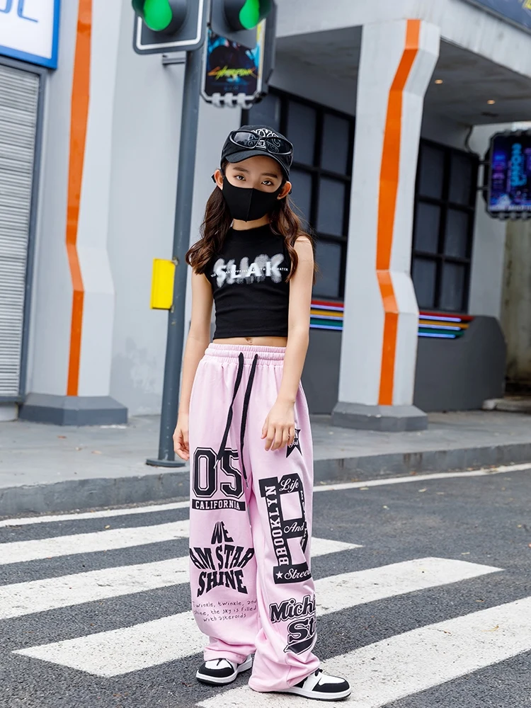 2024 Girls Modern Hip Hop Dance Costumes For Kids Black Vest Pink Pants Streetwear Children Jazz Performance Stage Wear DN17956