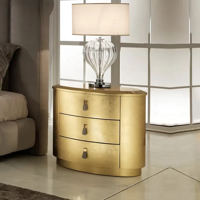 

Oval gold bedside table three drawers hotel home bedroom bedside locker