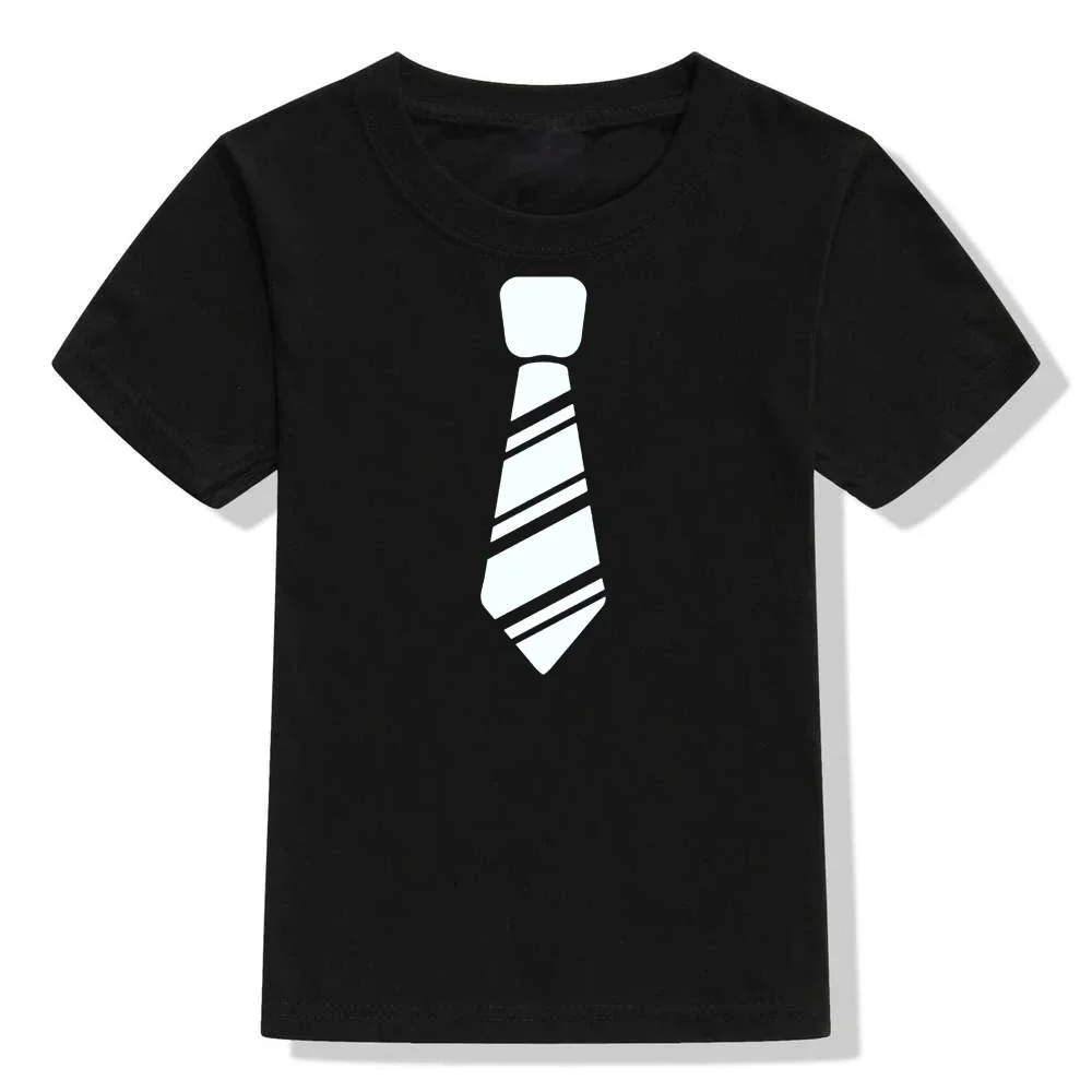 Boys White Short Sleeve T Shirt Black Striped Fake Tie Graphic Print Round Neck Summer Casual Tee Unisex Daily Style Outfit