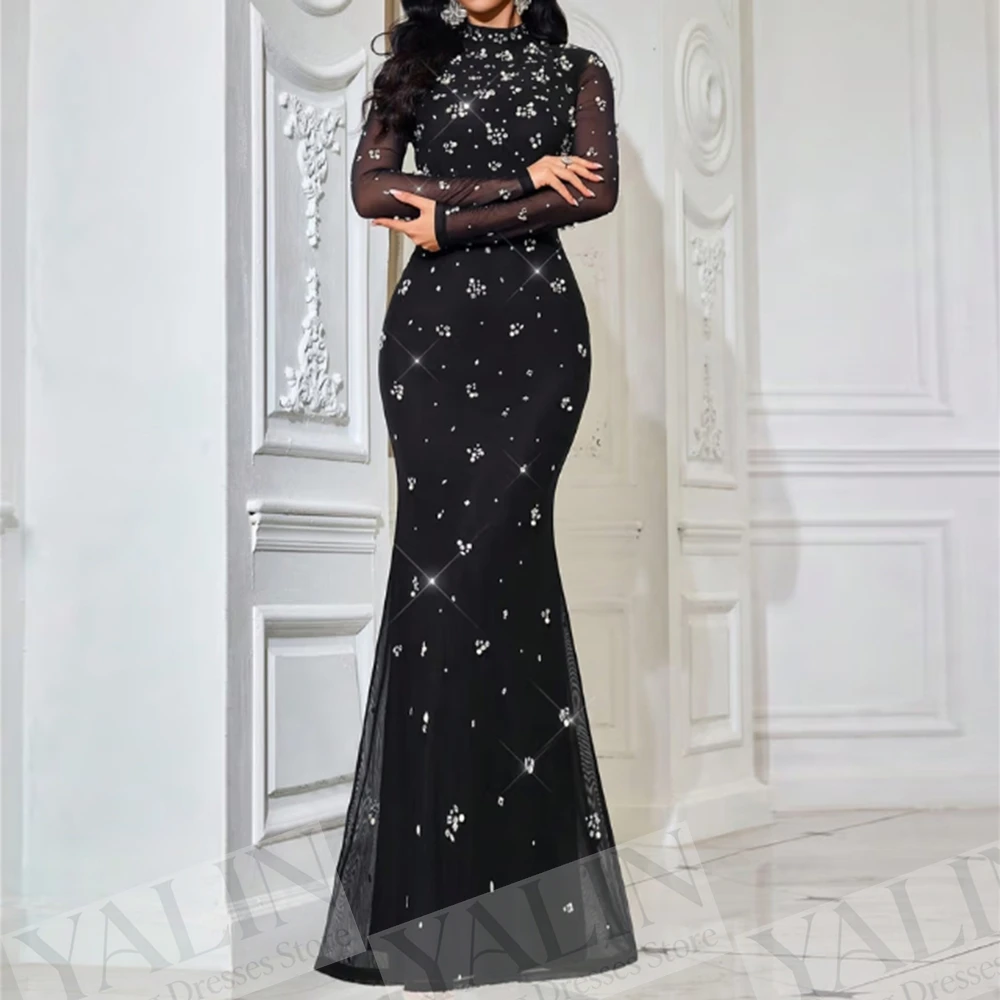 

Women's A-line Evening Dresses Floor-length High-neck Full Sleeve Prom Dresses Fashion Crystal Simple Draped Customized Gowns