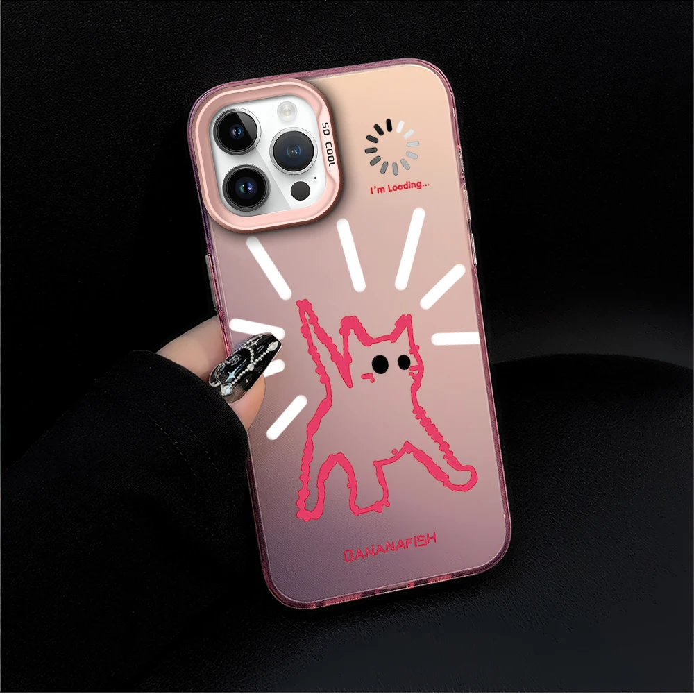 Cute Loading Pink Cat Phone Case for iPhone 16 12 13 14 15 11 Max Pro Plus Laser IMD Color Shell