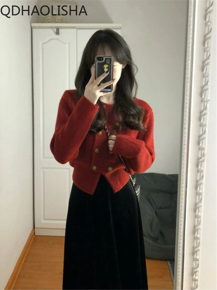 Christmas Sets for Women 2 Pieces Temperament Knit Red Sweater Cardign Slim High Waist Dress Set New Two Piece Set Korea Fashion