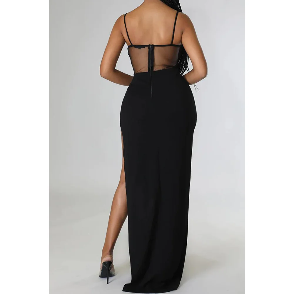 Women Sexy Spaghetti Strap See Through Sheer Mesh Rhinestone Maxi Party Dress