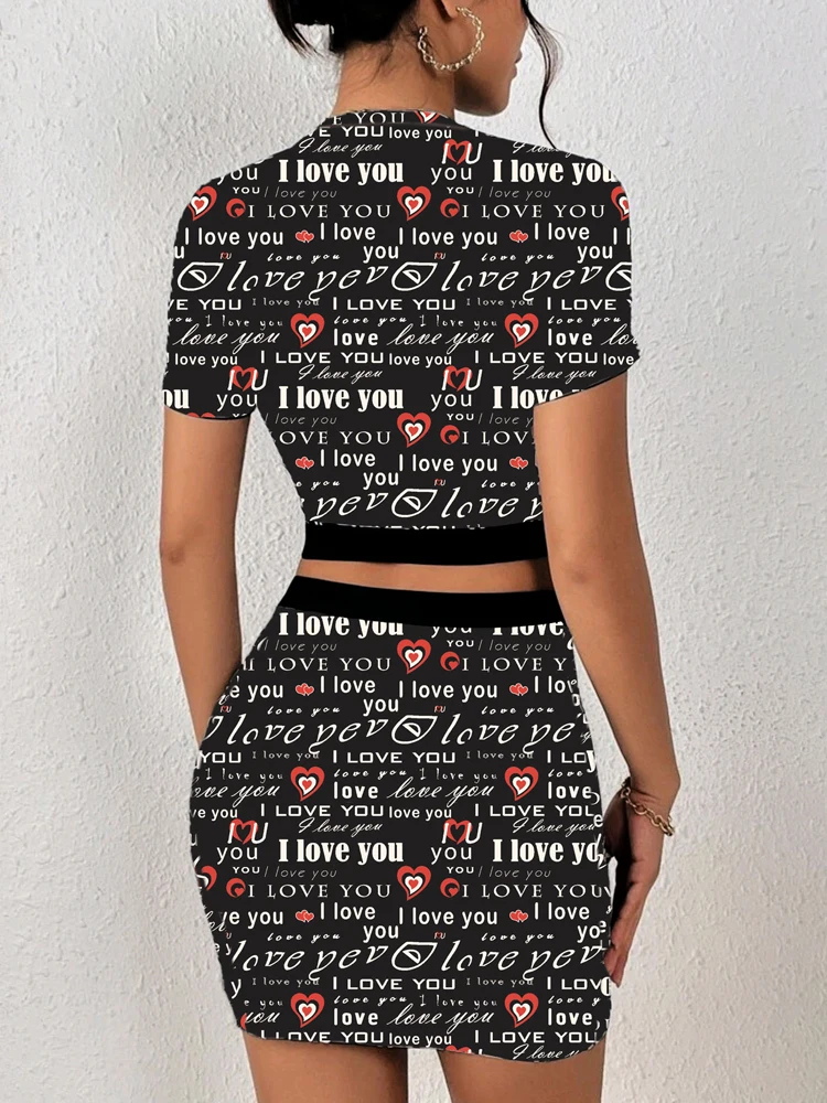 All-over printed elastic waist skirt and T-shirt two-piece set