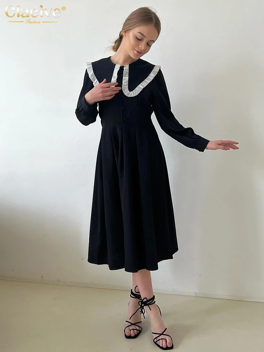 

Clacive Fashion Loose Black Womens Dresses 2025 Elegant Lapel Long Sleeve Midi Dress Casual Classic Solid Dress Female Clothing