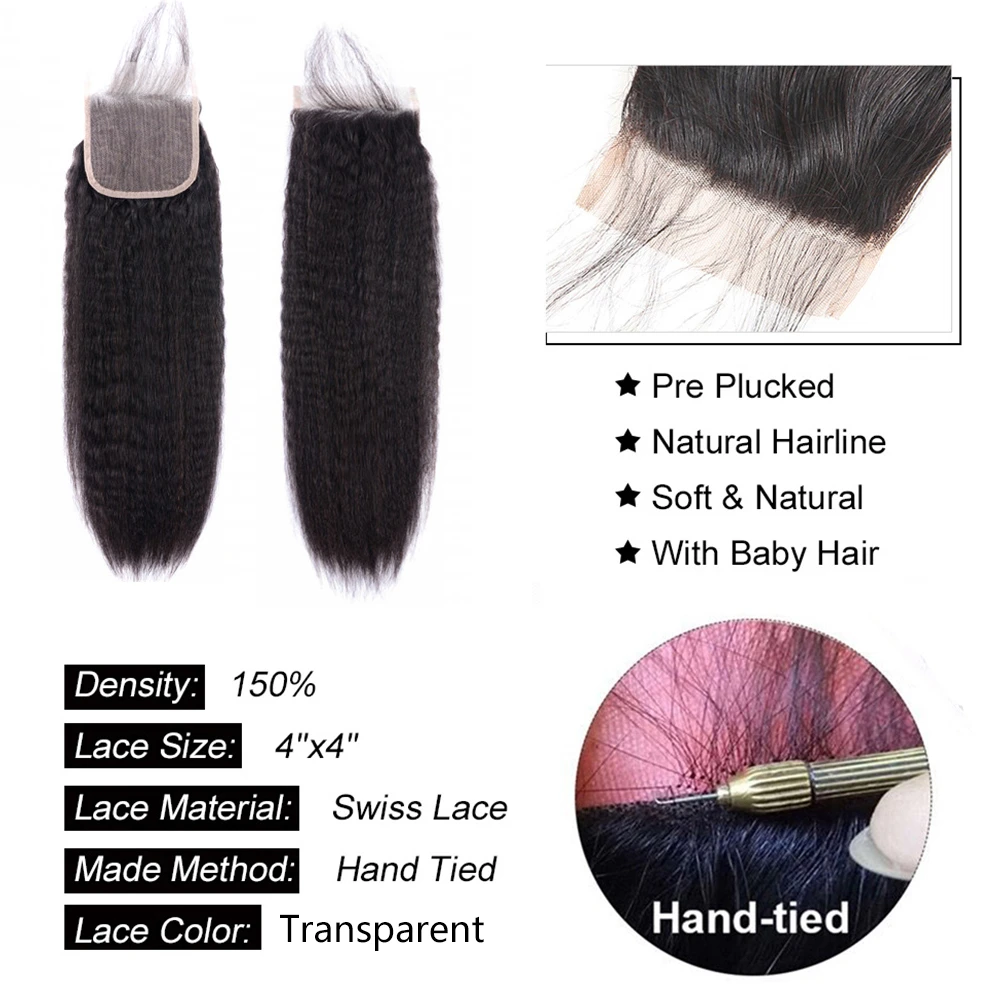 وصلات شعر مستقيمة من Megeen-Kinky ، خط شعر طبيعي مُنتوف مسبقًا ، إغلاق دانتيل شفاف عالي الدقة ، ياكي ، 1B ، 4x4 ، 5x5 ، 6x6