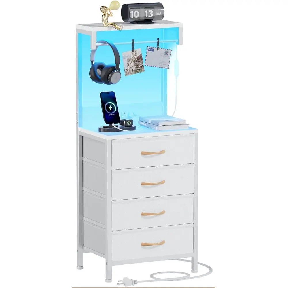 

White Nightstand, 38 inches Tall Night Stand with Charging Station and LED Lights, Bedroom, Office, Hallway, 4 Fabric Drawers, M