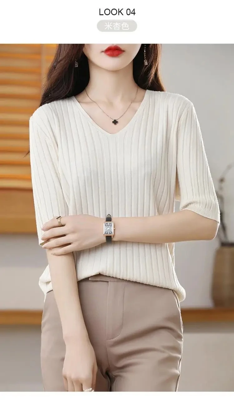 Women's Spring Fashion Simplicity Solid Color V-neck 3/4 Sleeve Knitwear Women Clothing Office Lady All-match Casual Loose Tops