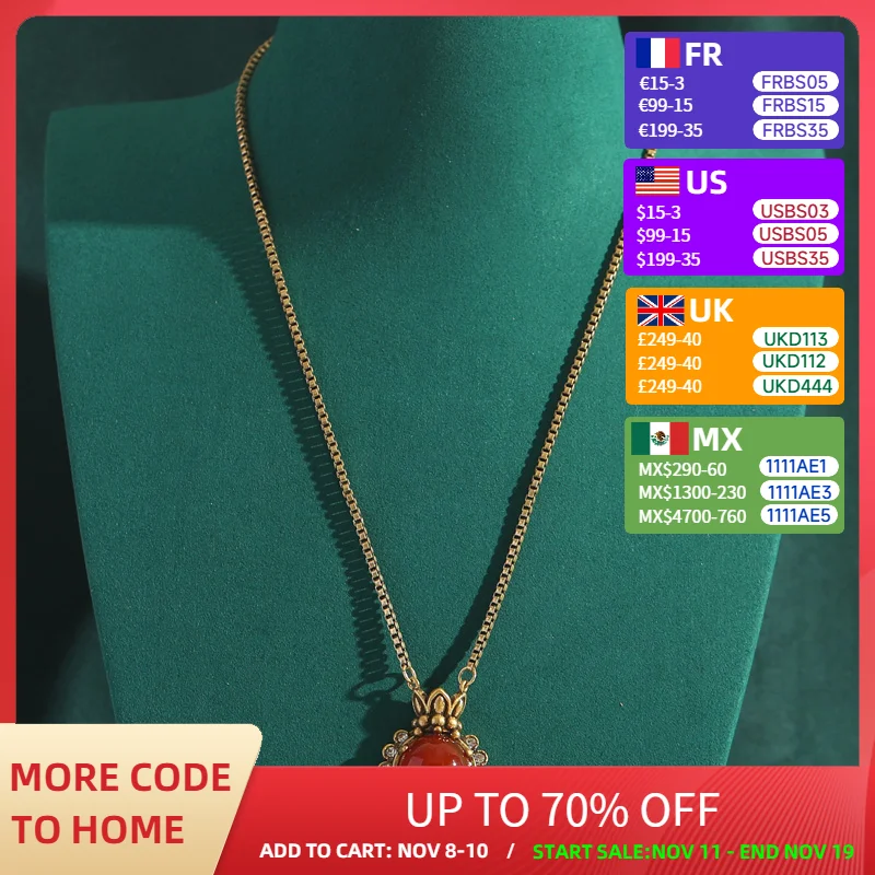 

Vintage Rhinestone Red Natural Stone Round Pendant Necklaces Box Chain Gold Color Antique Jewelry Accessories for Women New 2025