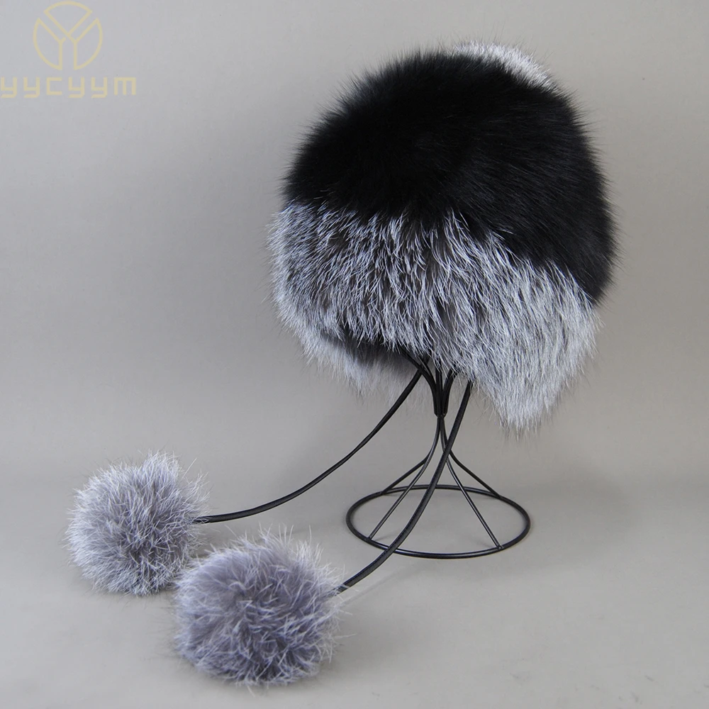 Women Winter Ushanka Hats Bomber Russian Woman Fluffy Trapper Natural Fox Fur Cap Warm Round Ladies Real Fox Fur Hat