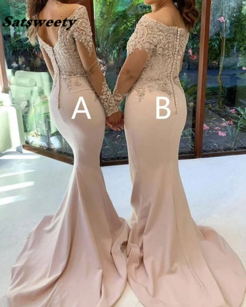 Nàng Tiên Cá Xếp Ly Eo Thời Trang Champagne Tay Dài Vestidos Para Bodas Mujer "Invitada Lệch Vai Ren Dự Tiệc Cưới Đồ Bầu