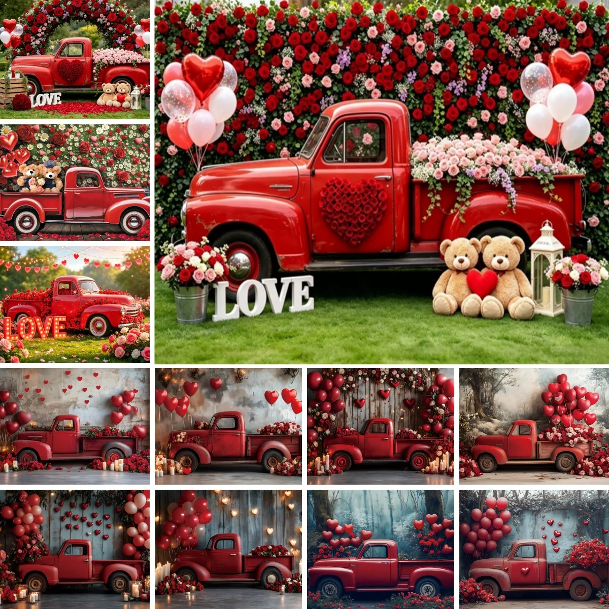 Yeele Valentine's Day Photography Background Love Heart Balloon Rose Decoration Car Truck February 14th Couple Portrait Backdrop