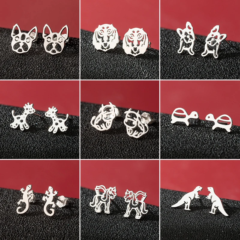 Cartoon 925 Silver Animal Stud Earrings for Women Fashion Dinosaur Giraffe Turtle Lizard Dog Earings S925 Piercing Jewelry