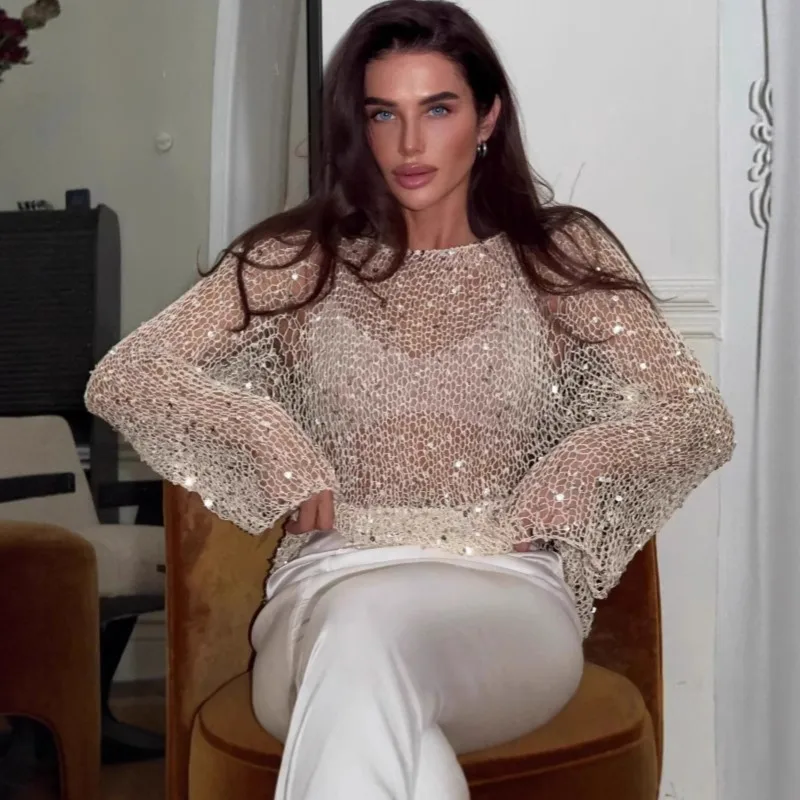 

Chic Sequined Knitting O-neck Pullover Women Elegant Hollow Out Design Long Sleeve Spring Autumn Evening Party Tops For Ladies