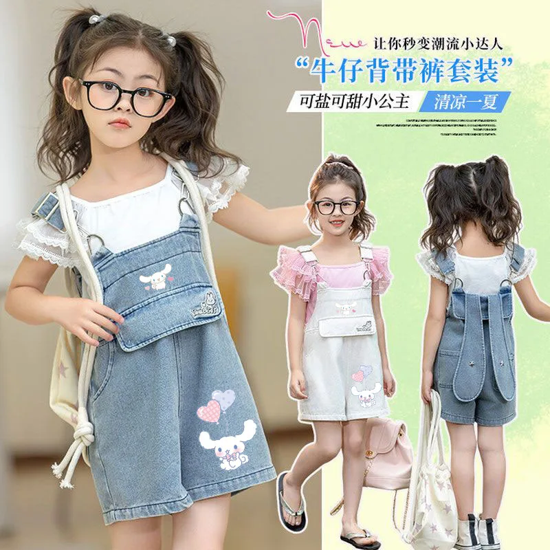 Anime Sanrios Mädchen Overalls Cinna moroll Kinder Hase Ohrball lose Jeans Overall Hosenträger Hose Jeans Mode Kinder kleidung