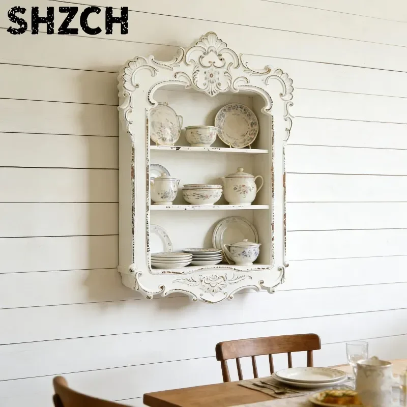 European Carved Wall Cabinet Decorative Storage Box Rustic Floating Shelf, Anti-Moisture Hanging Rack  79x48cm
