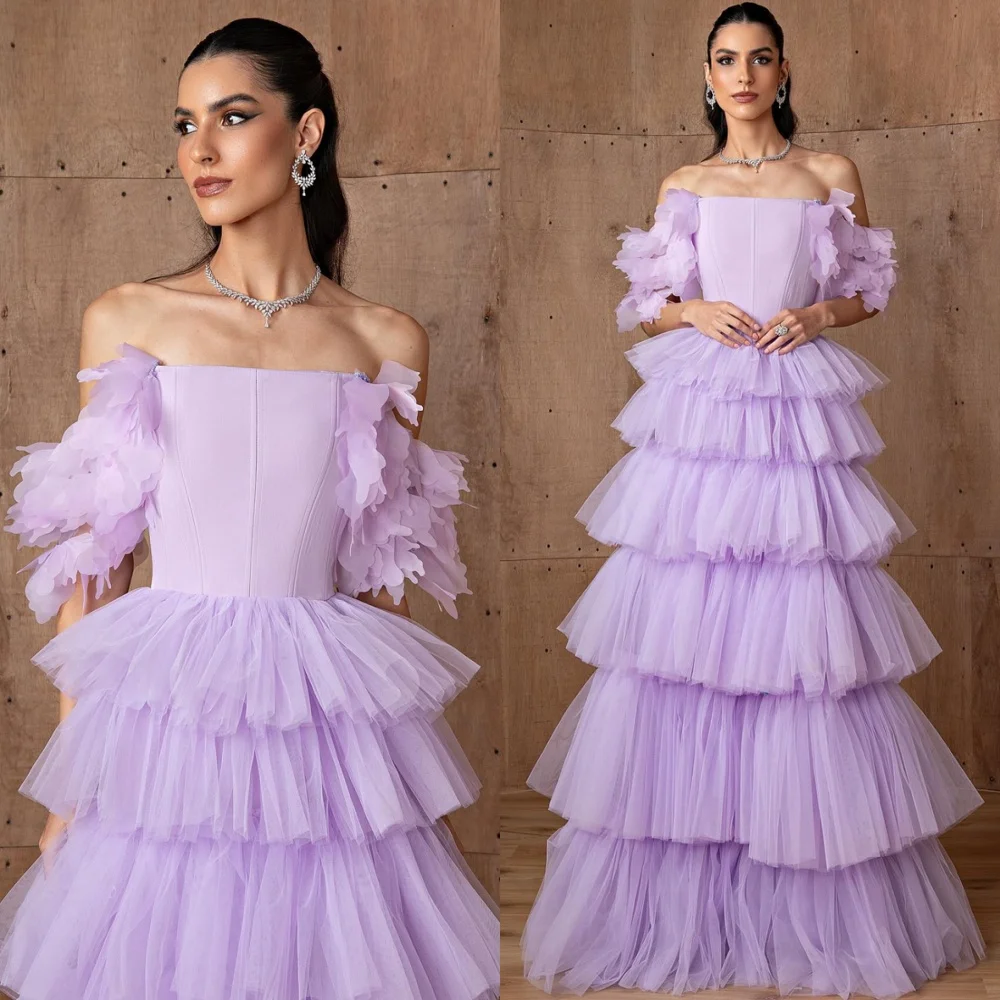 

Элегантные фиолетовые вечерние платья из тюля по индивидуальному заказу, модные платья знаменитостей с открытыми плечами, блестящие платья для особых случаев
