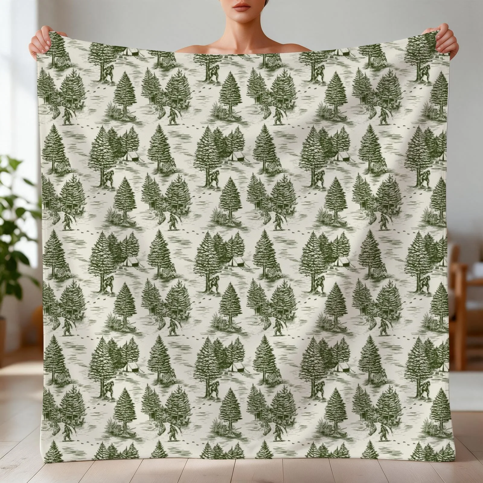 Bigfoot / Sasquatch Toile de Jouy in Forest Green Throw Blanket Camping Flannel Fabric Sofa Quilt Blankets