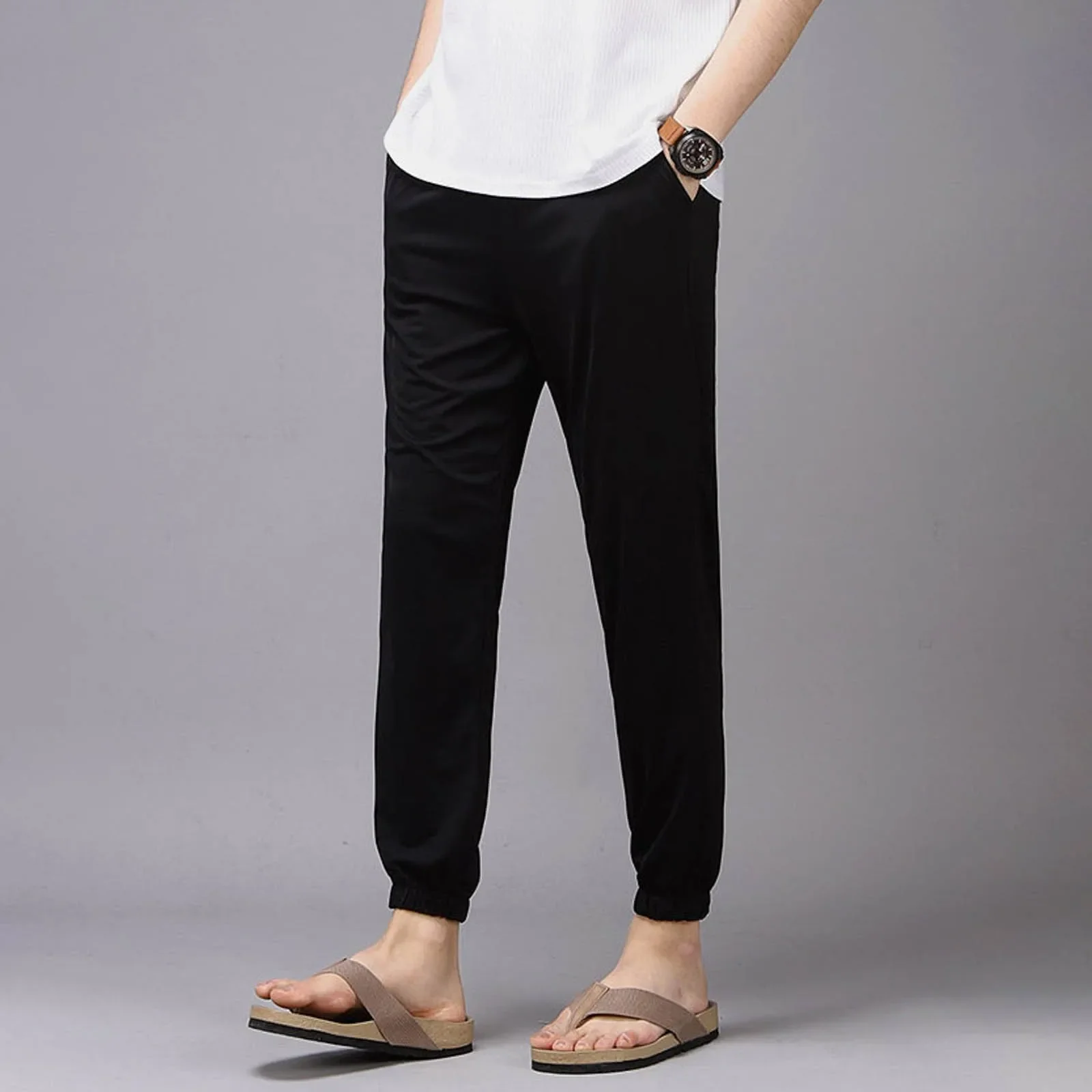 Mens Cotton Casual Pants Men Solid Color Slim Fit Straight Pants Joggers Black White Spring Summer Male Trousers  New