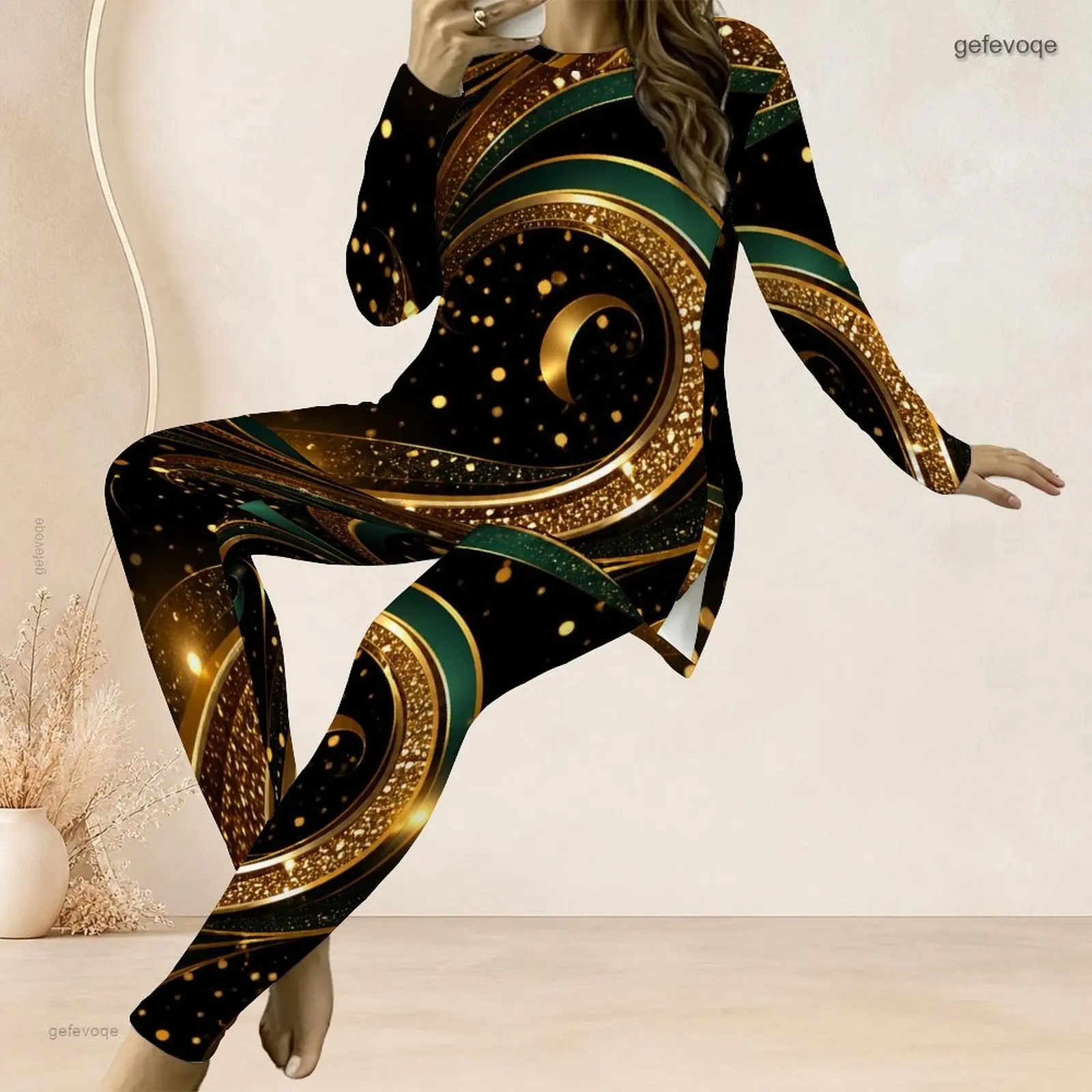 Women White Purple Rose Golden Tree Print Round Neck Long Sleeve Top + Leggings Two Piece Set