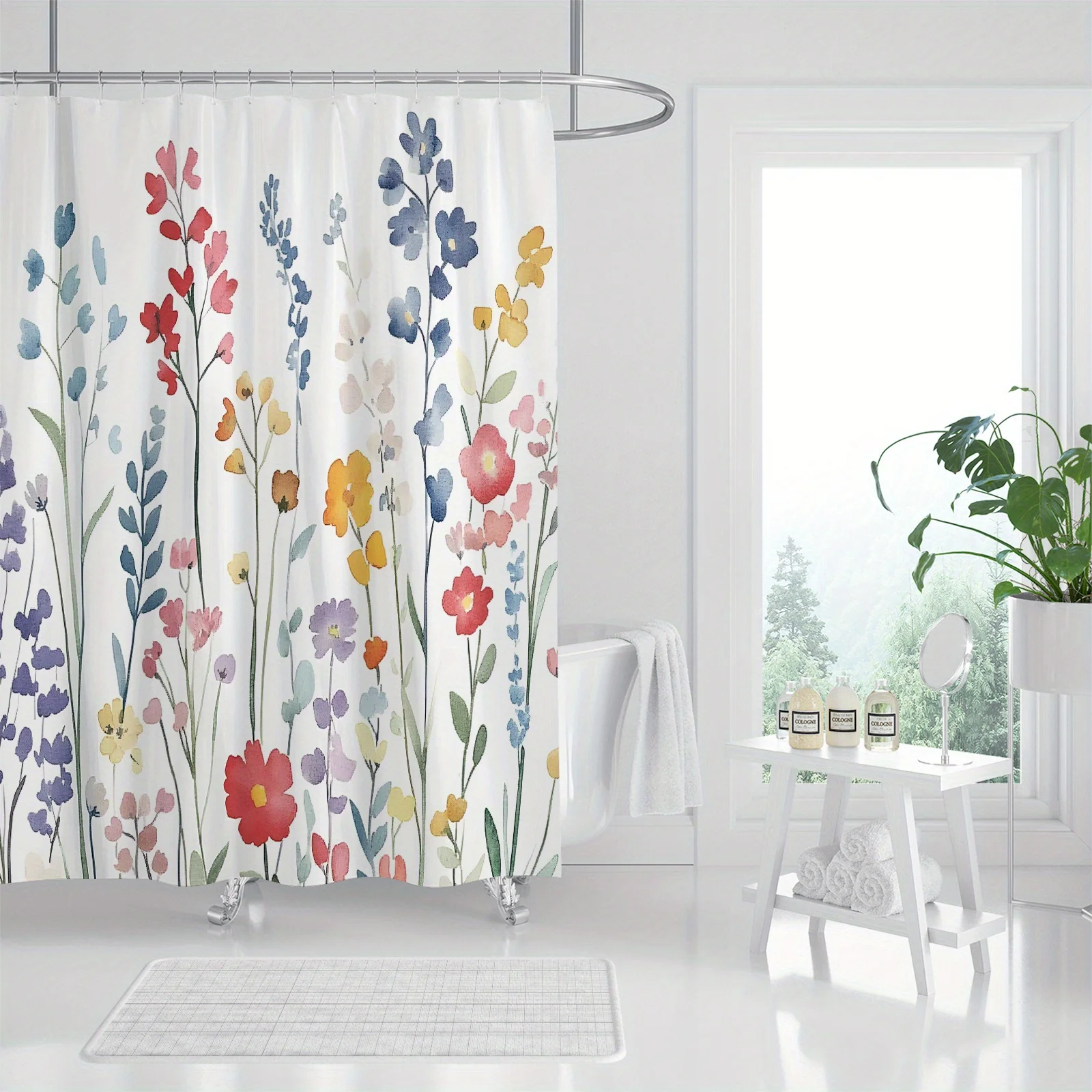 Watercolor Floral Bathroom Set: Shower Curtain, Mat, Towel, Toilet Cover - 4Pcs Waterproof Decor for a Vibrant Bath Experience